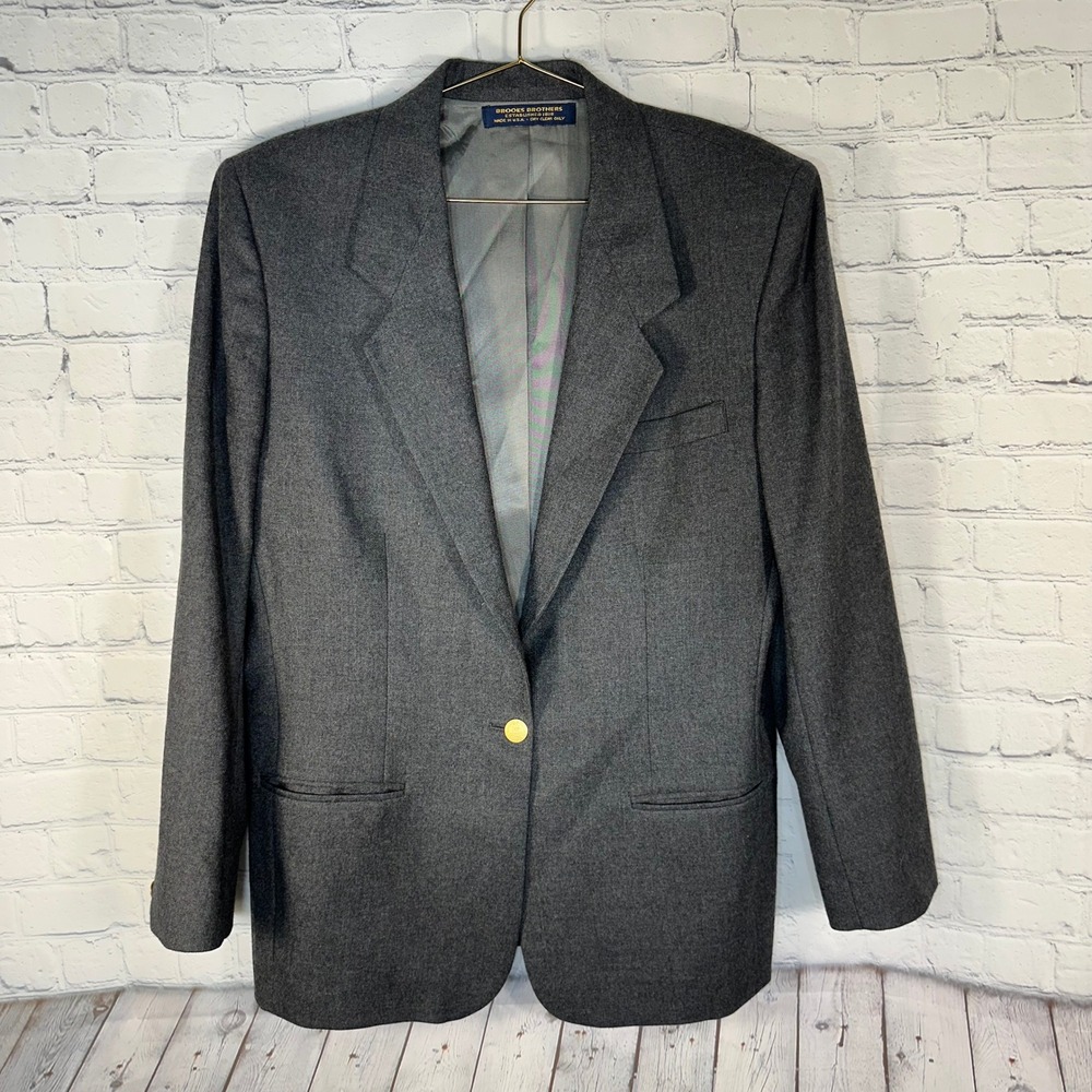 Brooks Brothers Womens Pure Wool Blazer Jacket Gray Gold Crest Button 12